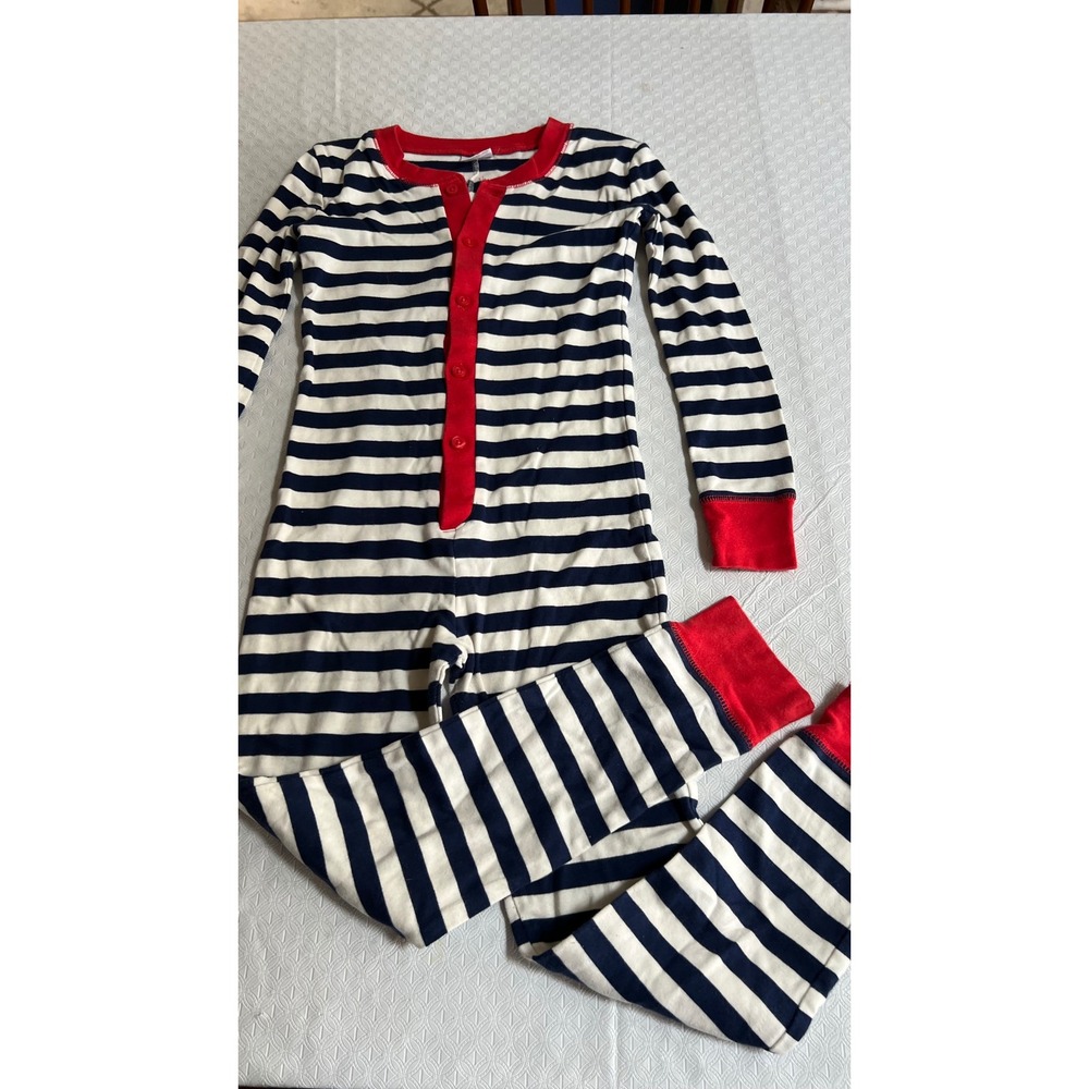 Mini Boden Kids Navy Blue White Striped Union Suit Pajamas Red Trim Size 8 128cm